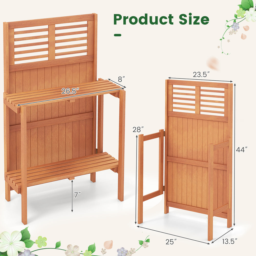 Folding garden potting bench with teak oil finish, featuring 2-tier storage shelves and slatted design for drainage.
