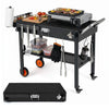 Folding grill cart with a 32" x 18" countertop, utility hooks, and heat-resistant mat for outdoor cooking convenience.
