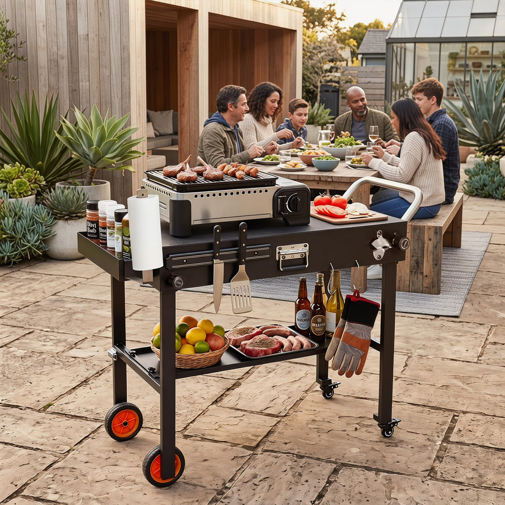Folding grill cart with a spacious 32" x 18" countertop, designed for 17"/22" griddles, perfect for outdoor cooking.