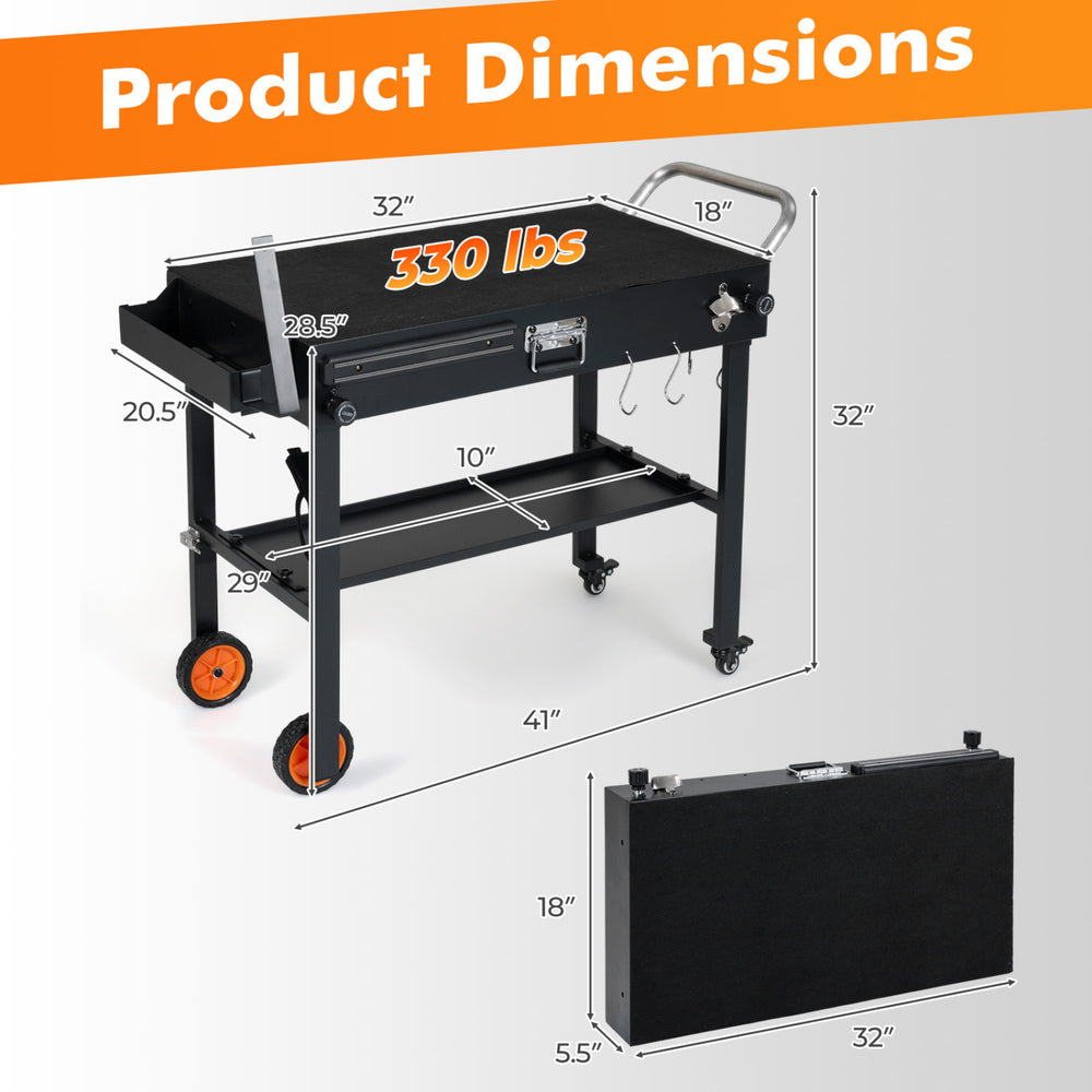 Folding grill cart with a spacious 32" x 18" countertop, designed for 17"/22" griddles, supports 330 lbs for outdoor cooking.