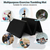 Folding gymnastics mat in black with handles, featuring a durable PU leather cover, ideal for yoga and fitness.