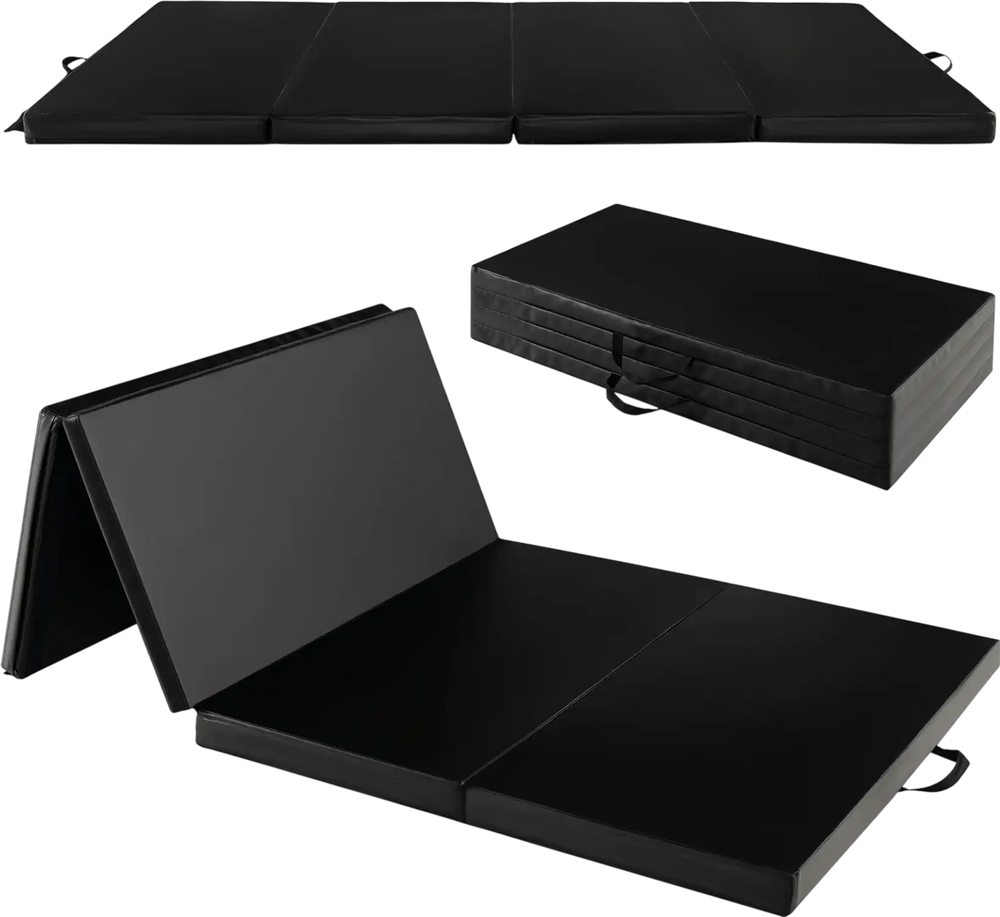 Folding gymnastics mat in black with PU leather cover, featuring a 4-fold design and carry handles for easy transport.