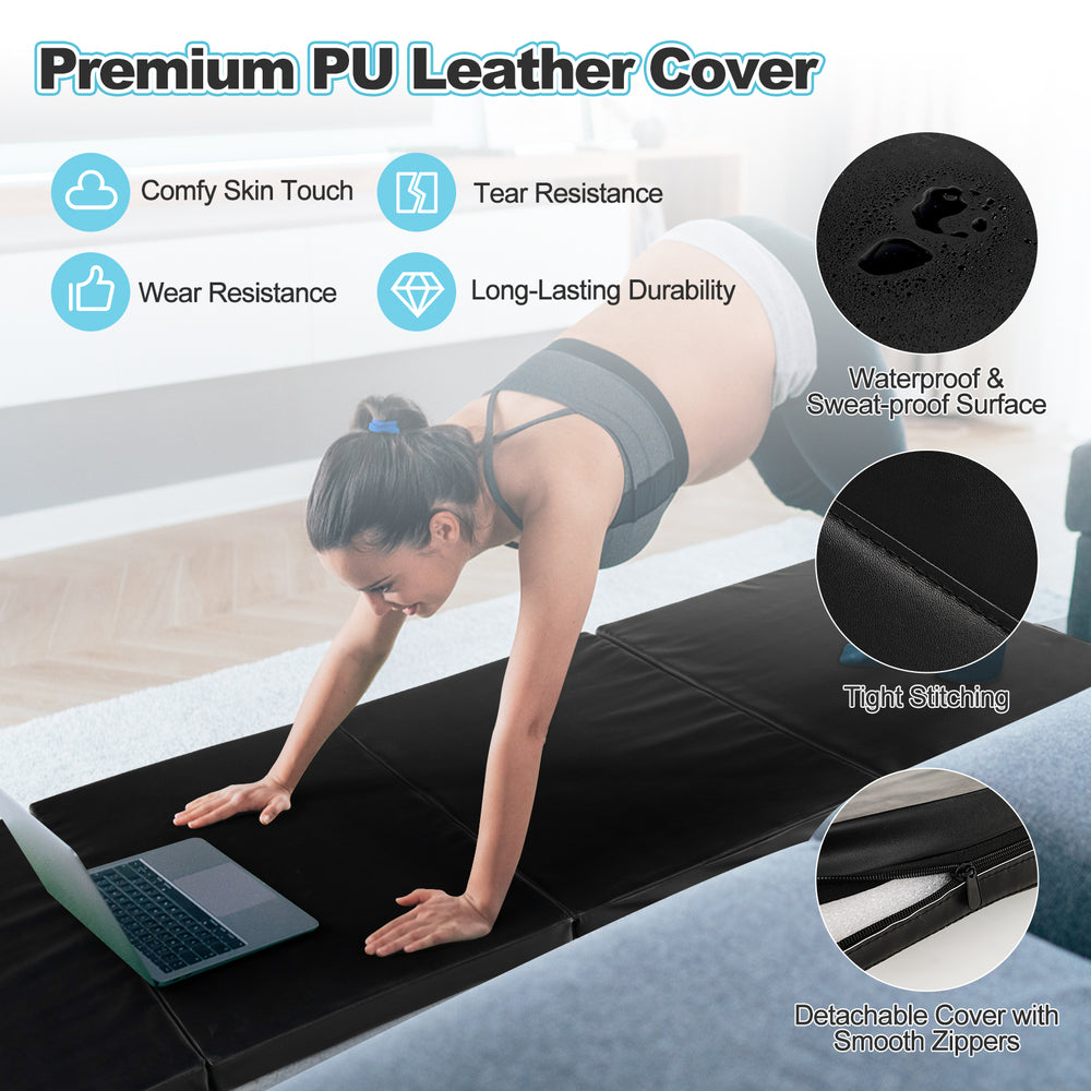 Folding gymnastics mat in black with PU leather cover, featuring a waterproof surface and convenient carry handles.
