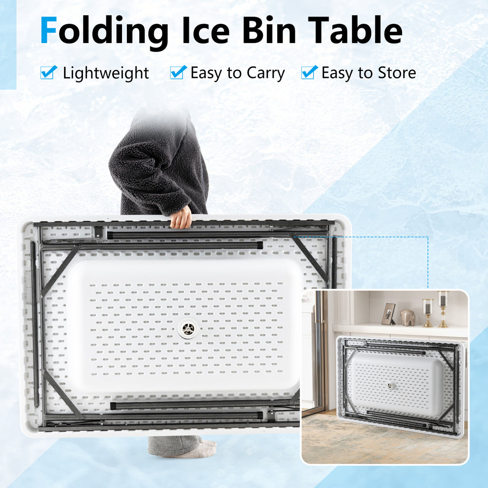 4 feet folding ice bin table with skirt, lightweight and easy to carry, perfect for camping, picnics, and weddings.
