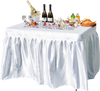 Folding ice bin table with white skirt, featuring spacious ice bin for chilled beverages, ideal for weddings and.