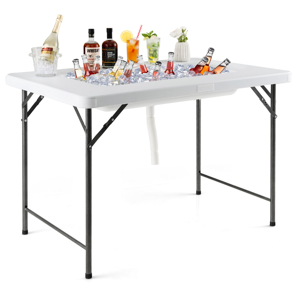 Folding ice bin table with skirt, spacious HDPE top, perfect for camping, picnics, and weddings, featuring quick.