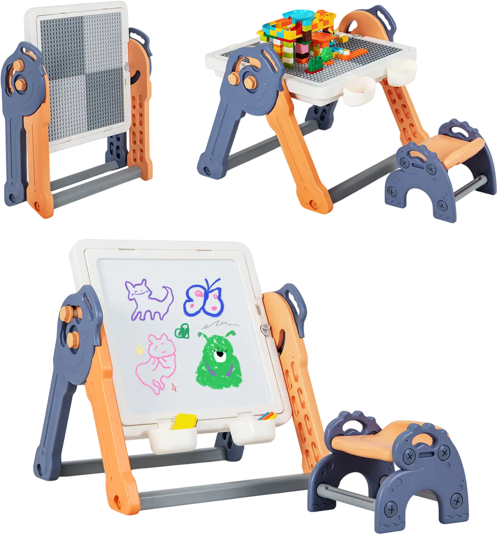 6-In-1 Folding Kids Art Easel with Reversible Building Block Tabletop