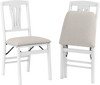 Set of 2 white folding kitchen chairs with upholstered padded seats, ergonomic backrest, and convenient storage feature.