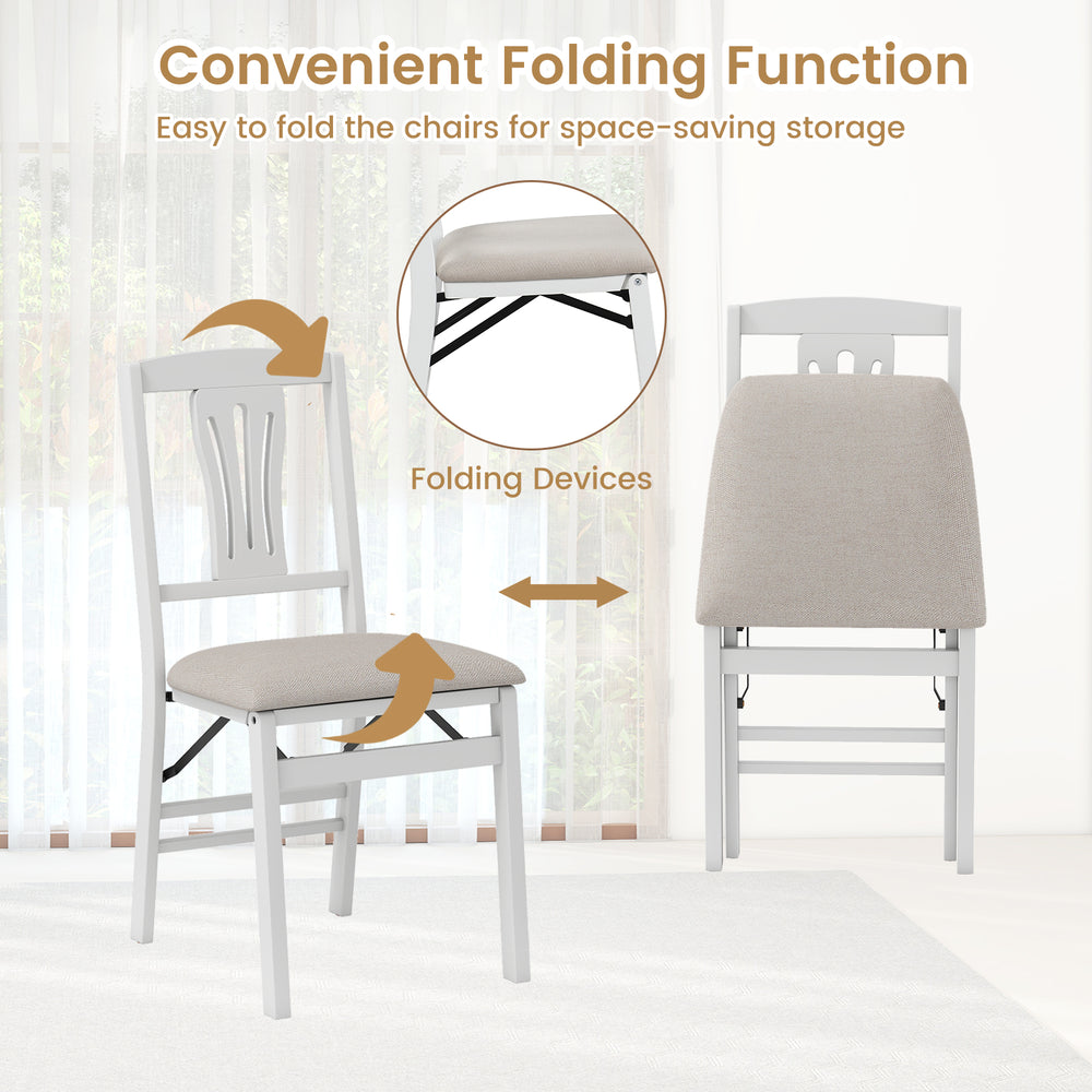 Folding kitchen chair set of 2 in white with padded seats, showcasing convenient folding function for easy storage.