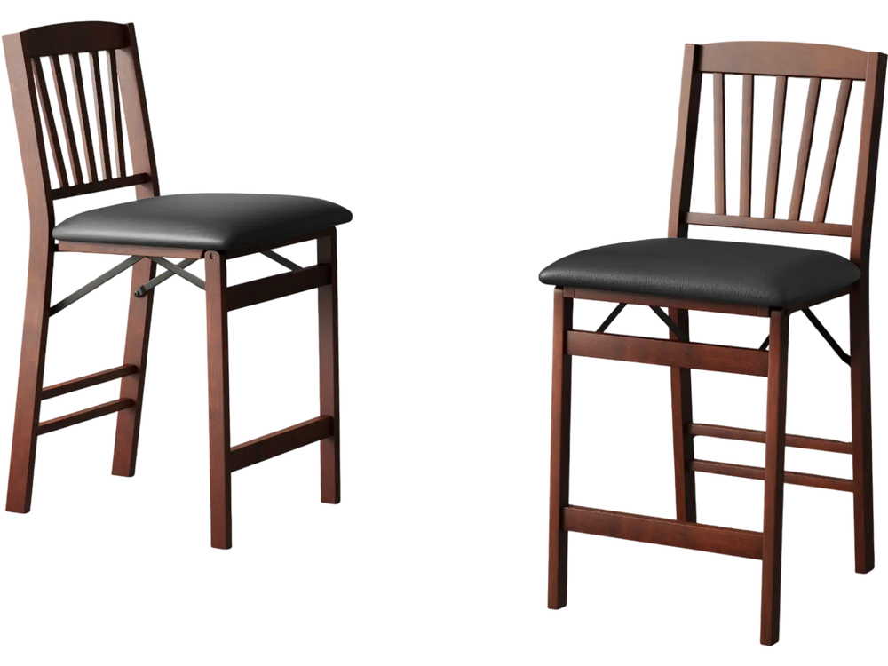 Set of 2 folding counter height chairs with padded seats in brown, designed for kitchen islands and easy storage.