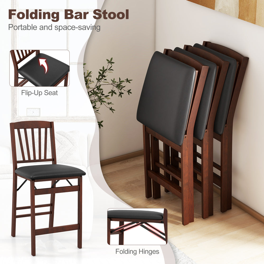 Folding bar stool set with padded seat, brown rubber wood legs, and flip-up design for space-saving storage.