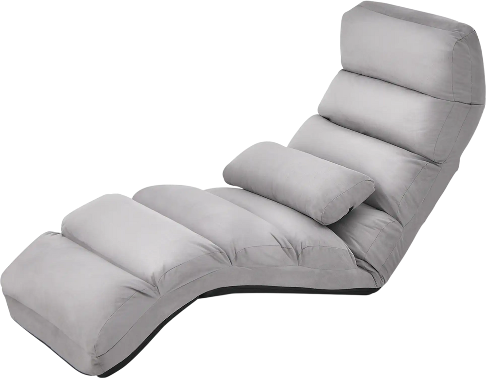 Folding lazy sofa couch in gray with adjustable positions and a pillow, perfect for gaming or relaxing at home.