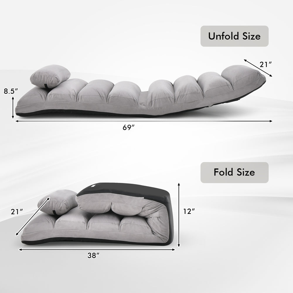 Folding lazy sofa couch in gray, shown in both unfolded and folded sizes, ideal for gaming, TV watching, or reading.