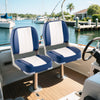 Folding low back boat seats in blue and white PVC leather, designed for comfort and waterproof durability on boats.