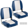 Folding low back boat seats in blue and white PVC leather, waterproof, ergonomic design, includes installation bolts.
