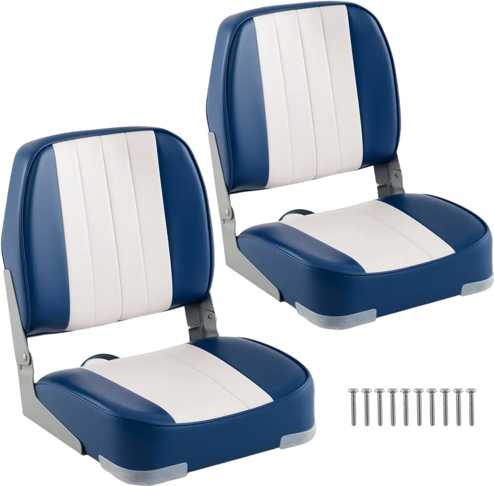 Folding low back boat seats in blue and white PVC leather, waterproof, ergonomic design, includes installation bolts.