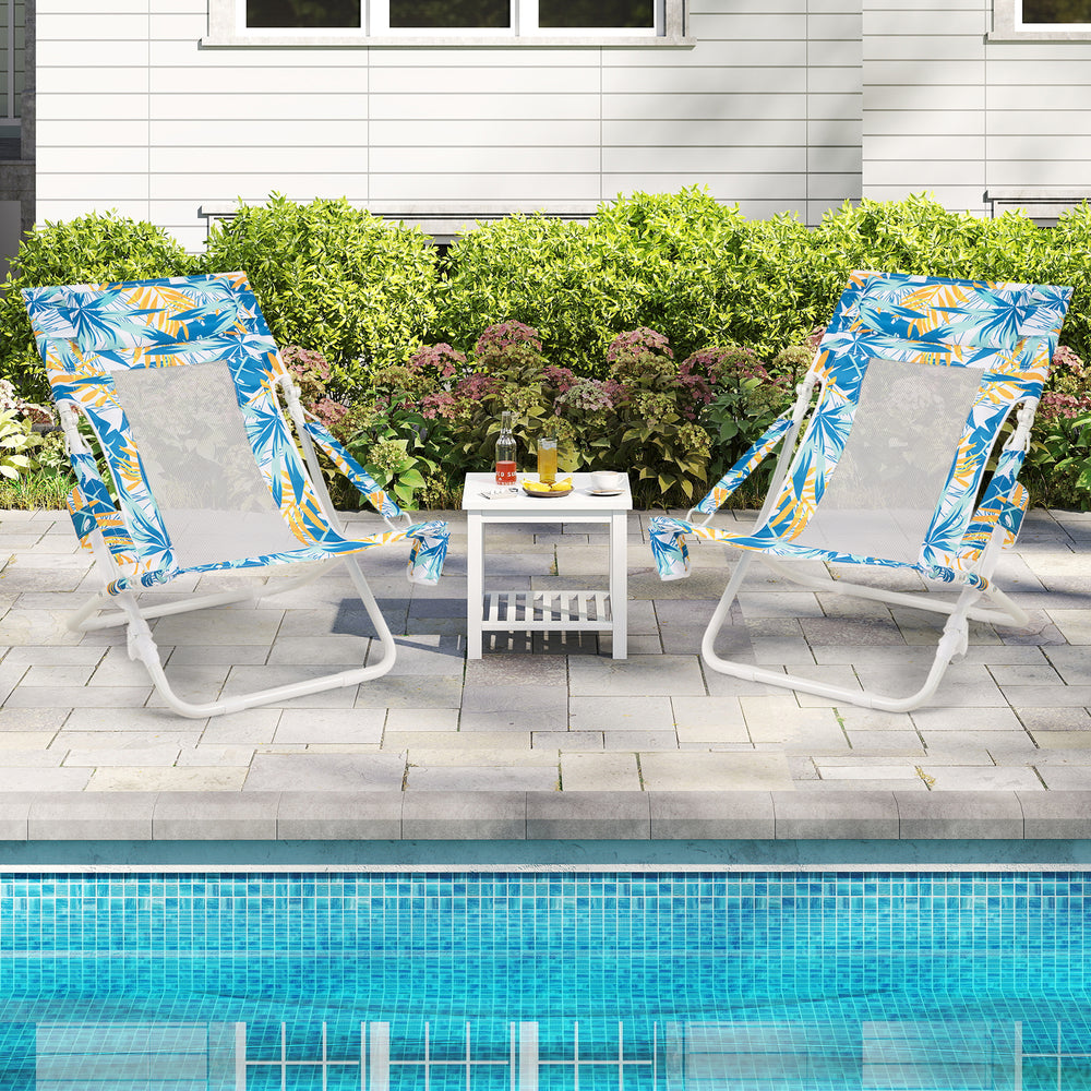 Folding Low Beach Chair Set of 2 Patio Sling Chairs with Padded Head Pillow-Blue - Gallery View 1 of 10
