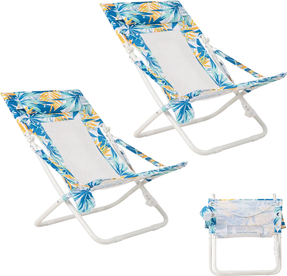Folding low beach chair set of 2 with blue tropical pattern, padded head pillow, and cup holder for outdoor comfort.