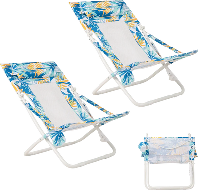 Costway Folding Low Beach Chair Set of 2 Patio Sling Chairs w/ Padded Head Pillow 87692790 New