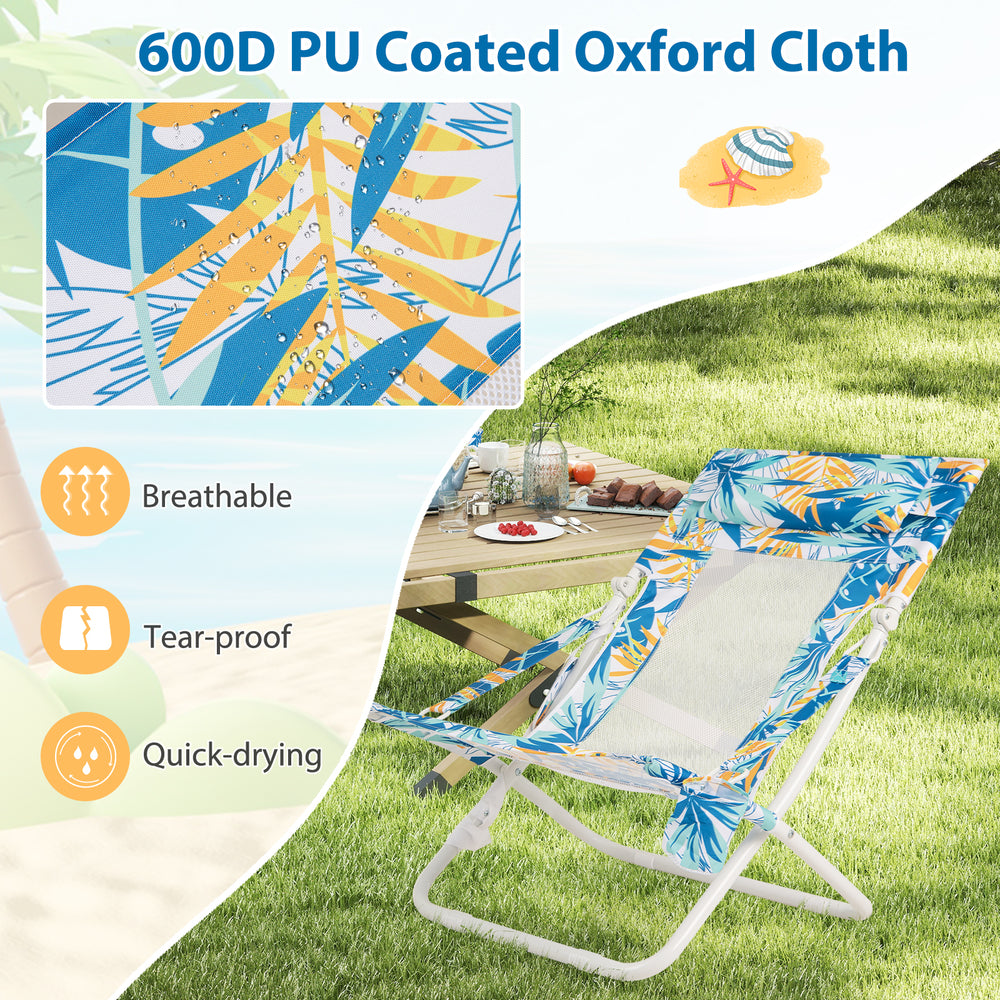 Folding low beach chair set featuring breathable 600D PU coated oxford cloth, padded head pillow, and cup holder for.