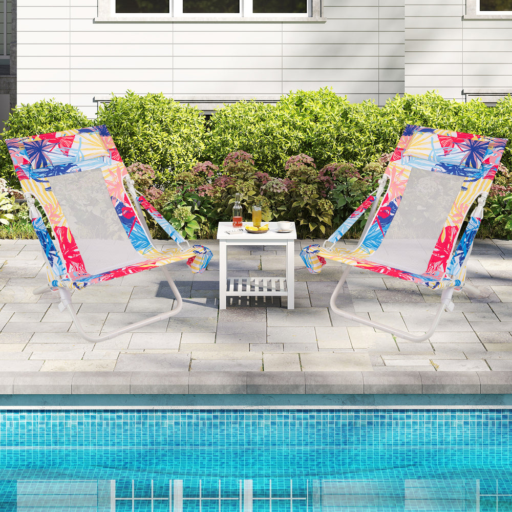 Folding Low Beach Chair Set of 2 Patio Sling Chairs with Padded Head Pillow-Pink - Gallery View 1 of 10