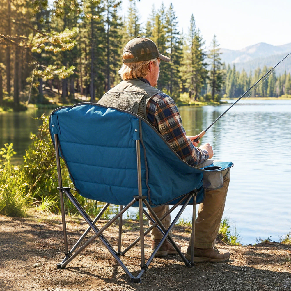 Oversized blue camping chair with side pockets and cup holder, perfect for outdoor relaxation by the lake.