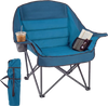 Folding oversized camping chair in blue with side pockets and cup holder, perfect for outdoor relaxation and.
