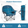 Folding oversized camping chair in blue with side pockets, cup holder, and dimensions for easy outdoor use.