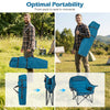 Folding oversized camping chair in blue with side pockets and cup holder, showcasing quick-folding design for easy.