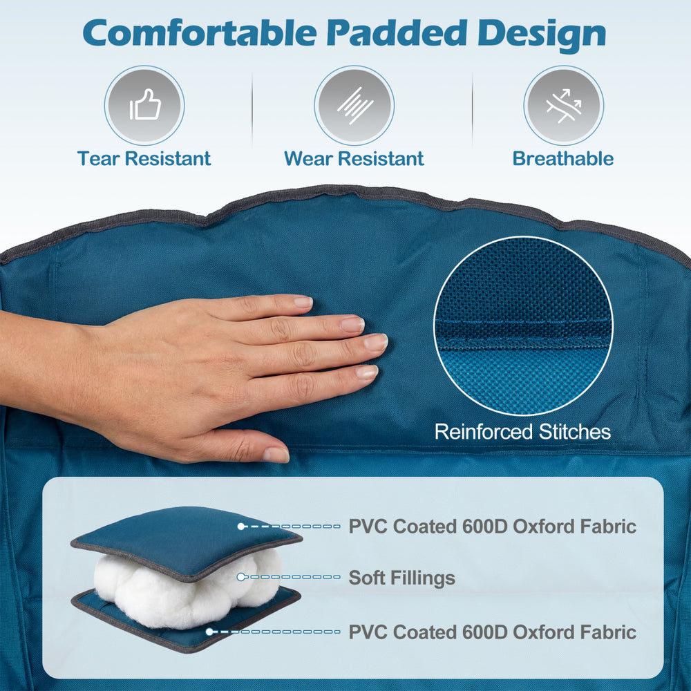 Close-up of the blue padded seat of the Folding Oversized Camping Chair, featuring reinforced stitching and breathable.