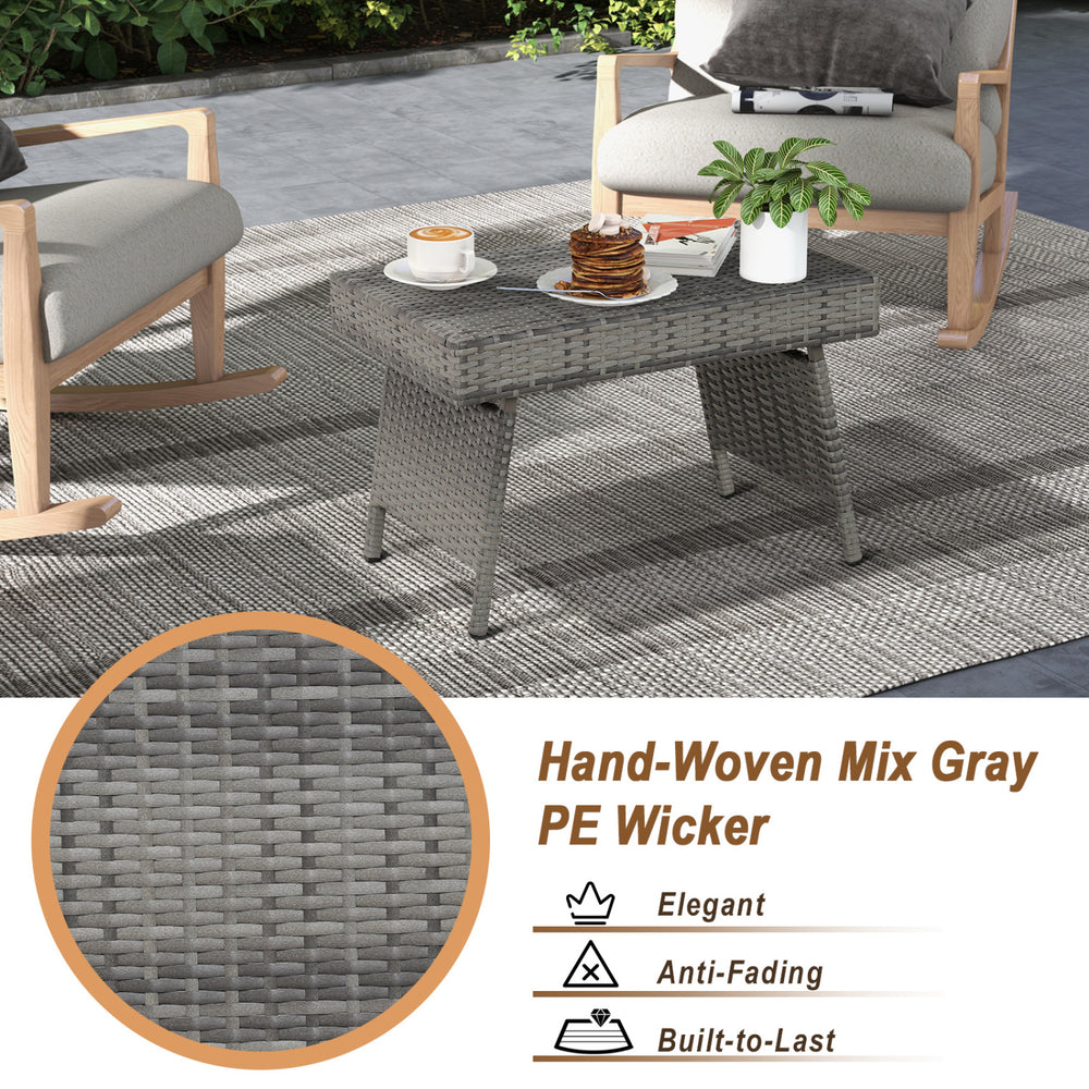 Folding gray PE rattan coffee table with wide top for outdoor use, featuring durable, weather-resistant design.