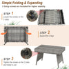 Folding PE rattan coffee table in gray, featuring a wide top for outdoor use, portable and weather-resistant design.
