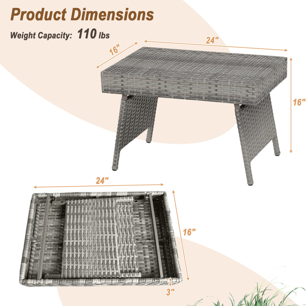Folding PE rattan side coffee table in gray, 24" x 16", weather-resistant for outdoor use, perfect for summer.