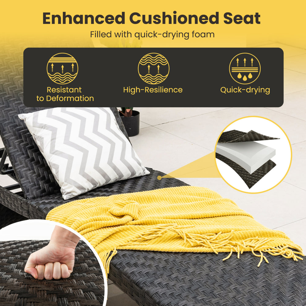 Folding padded rattan patio chaise lounge with adjustable backrest and quick-drying foam, perfect for poolside relaxation.