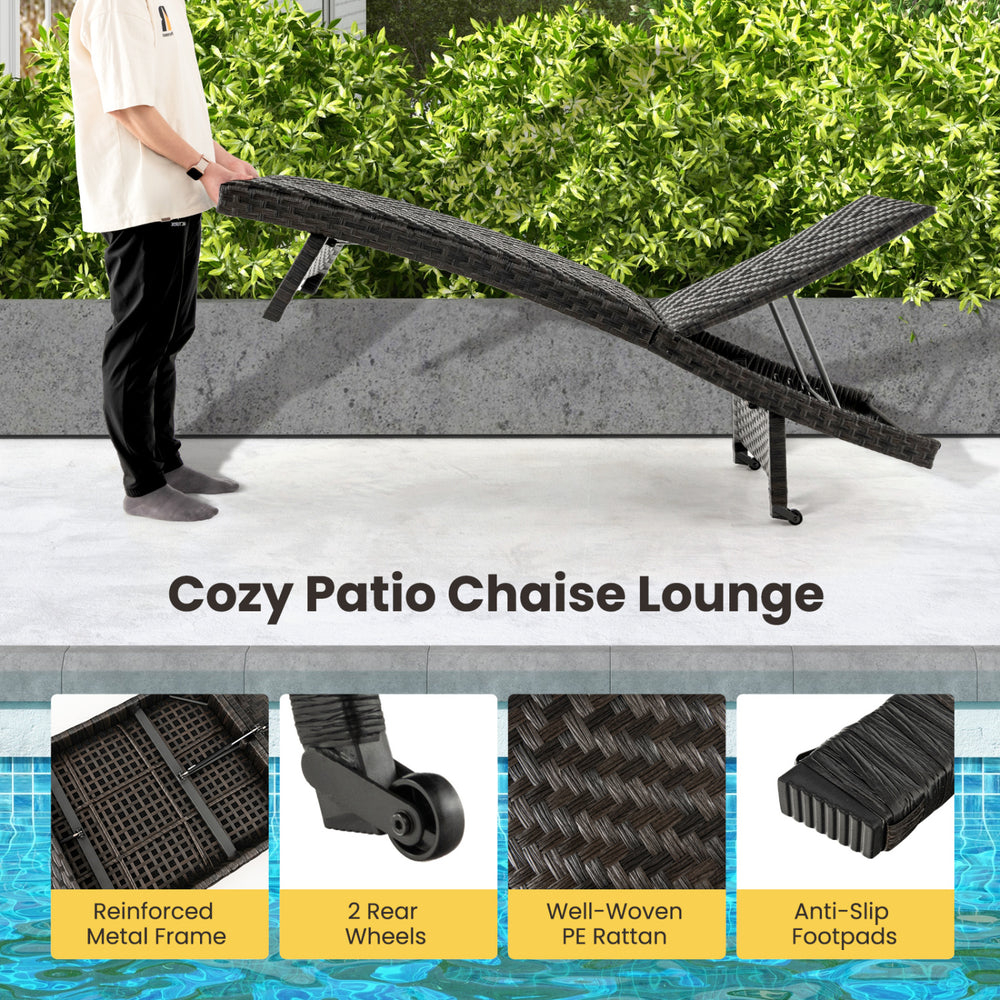 Folding padded rattan patio chaise lounge with adjustable backrest and quick dry foam, ideal for poolside relaxation.