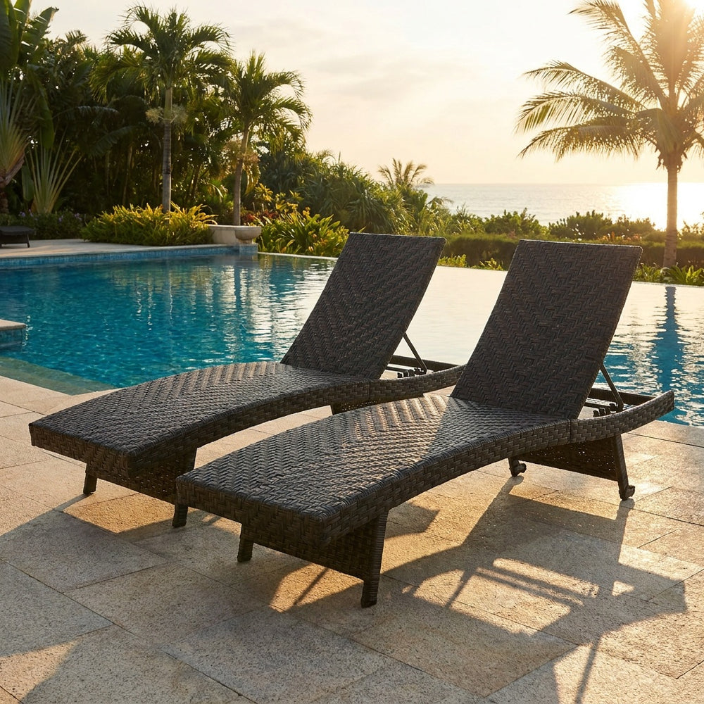 Folding padded rattan chaise lounge set of 2 with adjustable backrests, ideal for poolside relaxation and comfort.