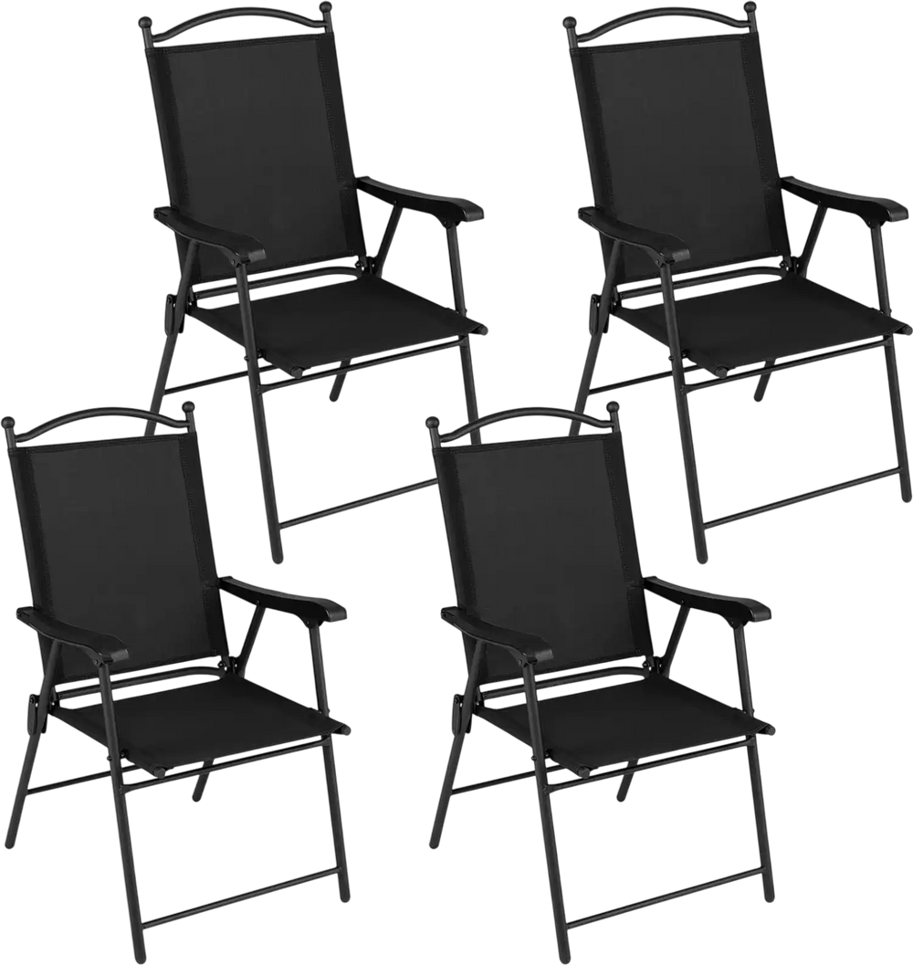 Set of 4 black folding patio chairs with high backs and armrests, perfect for outdoor relaxation on the lawn or deck.