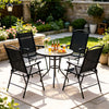 Set of four black folding patio chairs with high backs and armrests, perfect for outdoor relaxation in any garden or deck.
