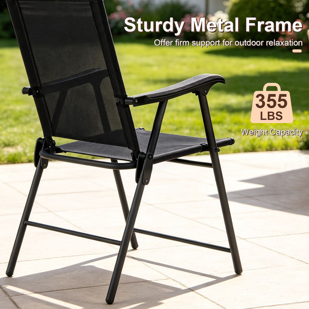 Folding patio chair with a sturdy metal frame, breathable mesh fabric, and 355 lbs weight capacity for outdoor relaxation.