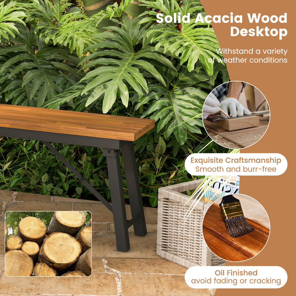 Folding picnic bench set featuring solid acacia wood, smooth surface, and sturdy metal legs for outdoor dining.
