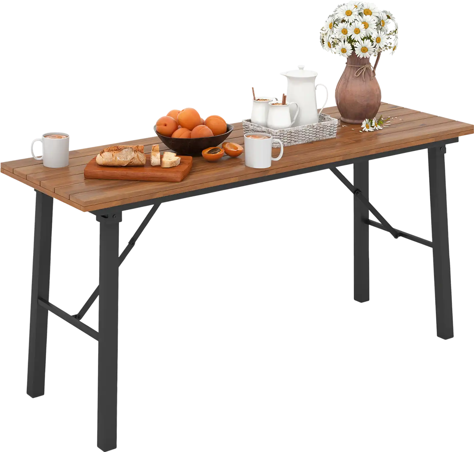 Costway Folding Acacia Wood Picnic Dining Table Metal Frame 67451398 New