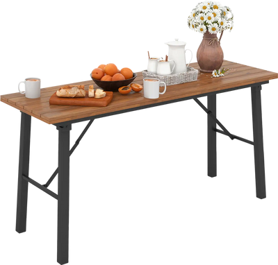 Costway Folding Acacia Wood Picnic Dining Table Metal Frame 67451398 New