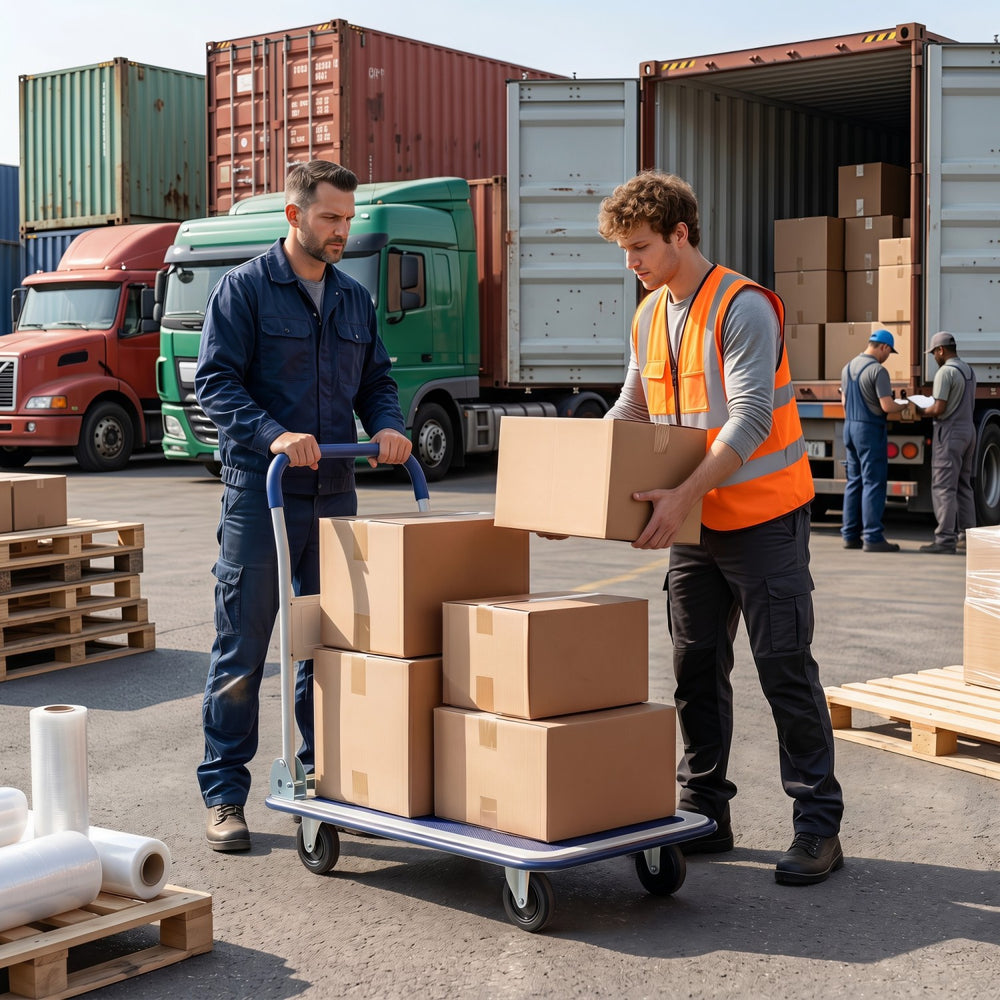 Folding platform hand truck with a robust metal frame, 330/660 lbs capacity, and ergonomic handle for easy maneuverability.