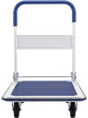 Folding platform hand truck with a robust metal frame, textured surface, and ergonomic handle for easy maneuverability.