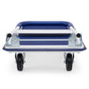 Folding platform hand truck with a robust metal frame, textured surface, and four PU wheels for easy movement and storage.