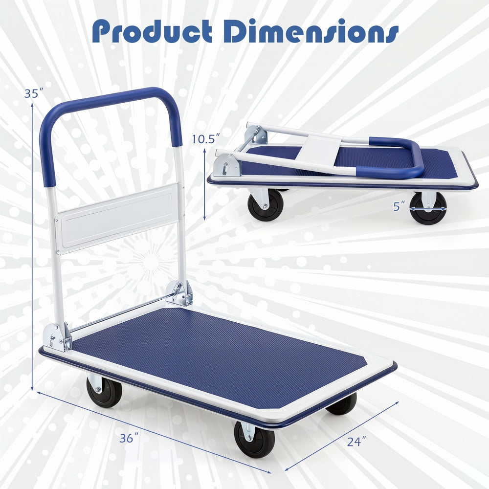Folding platform hand truck with a textured surface, 4 PU wheels, and ergonomic handle for easy transport and storage.