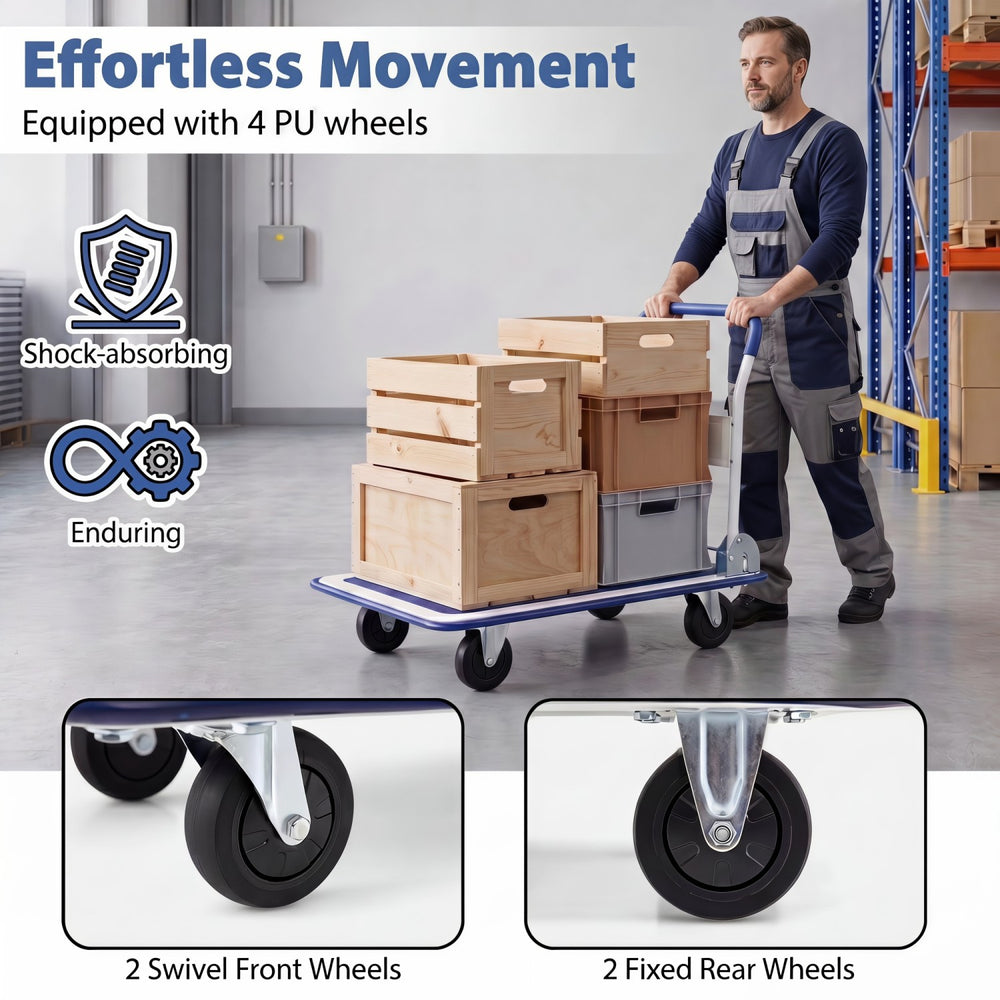 Folding platform hand truck with a robust metal frame, 4 PU wheels, and ergonomic handle for easy maneuverability.