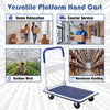 Folding platform hand truck with a textured surface and 4 wheels, ideal for home relocation and warehouse handling.