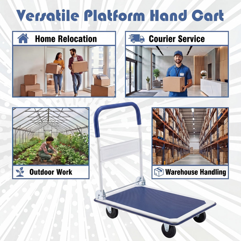 Folding platform hand truck with a textured surface and 4 wheels, ideal for home relocation and warehouse handling.