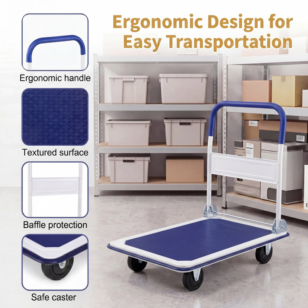 Folding platform hand truck with ergonomic handle and textured surface, designed for easy transportation and heavy-duty use.